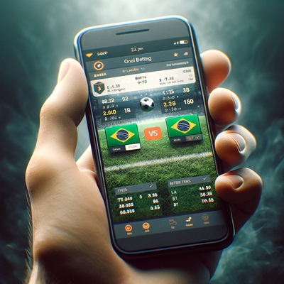 Uma mão segurando um aplicativo de apostas esportivas com as cores do Brasil