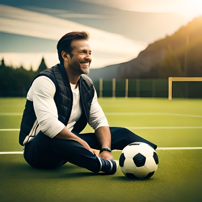 Um homem sentado em um gramado com uma bola de futebol tentando prever o melhor